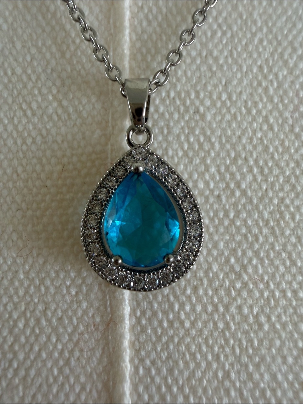 Blue Teardrop Halo Necklace — Sparkling Silver Pendant Costume